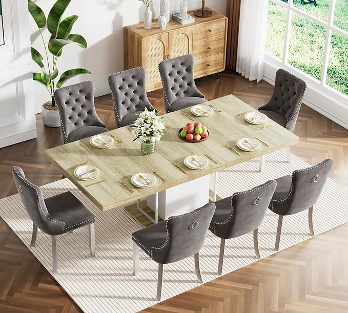 78.74" Wooden Extendable Dining Table for 8-10 People, Modern Farmhouse Expandable Kitchen Table with White Pedestal Base, Long Large Rectangular Extendable Kitchen Dining Room Table, Light Oak