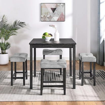 Ball & Cast 5 Piece Wooden Dining Table and Chairs Set for 4, 24"H Tufted Counter Stools with 34.2" Square Bar-Table, Industrial Breakfast Table with 4 Padded-Stool for Kitchen Island Playroom, Black