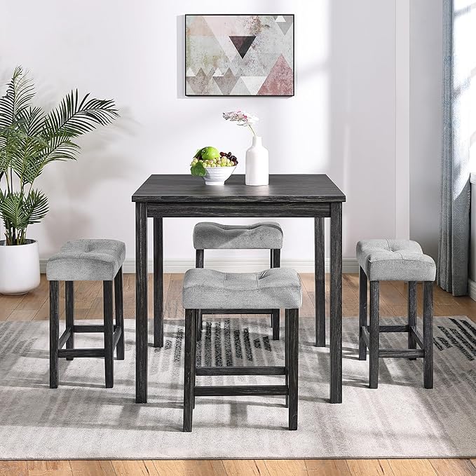 LKTART Dining Bar Table and Chairs Set 5 Piece Bar Table Set, Industrial Breakfast Table with 4 Padded Stools for Kitchen Dining Room Living Room (Black + Gray)