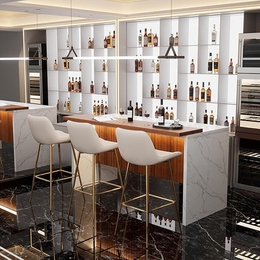 Modern Bar Table and Bar Stools Set, Marble-Look Counter Table with Wood Accent Top & Beige Velvet Bar Chairs Set of 3 with Gold Legs, Kitchen Island Pub Table Set for Home Bar, Dining Room