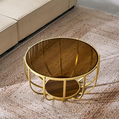 Saint Mossi 30" Glass Round Coffee Table for Living Room, Mid Century Modern 2-Tier Gold Drum Center Table, Brown Glass Top, Walnut Shelf with Gold Finish Legs & Frame, W30xH16.5