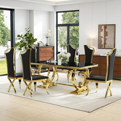 7-Piece Modern Luxury Dining Table Set, 70" Black Tempered Glass Dining Table with Gold Polished Stainless Steel U-Shaped Pedestal Base, 6 Black PU Leather X-Leg Dining Chairs, for Dining Room
