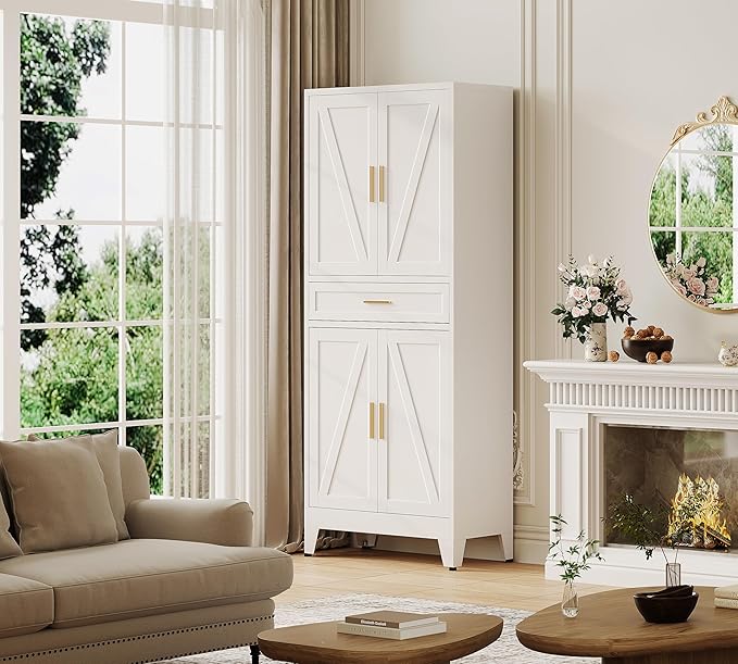 71“H Metal Kitchen Pantry Cabinet with Drawers,White Kitchen Pantry Cabinets,Tall Food Storage Cabinets,Free Standing Pantry Cabinet with 4 Doors,Farmhouse Pantry Cabinets