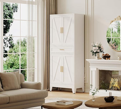 71“H Metal Kitchen Pantry Cabinet with Drawers,White Kitchen Pantry Cabinets,Tall Food Storage Cabinets,Free Standing Pantry Cabinet with 4 Doors,Farmhouse Pantry Cabinets