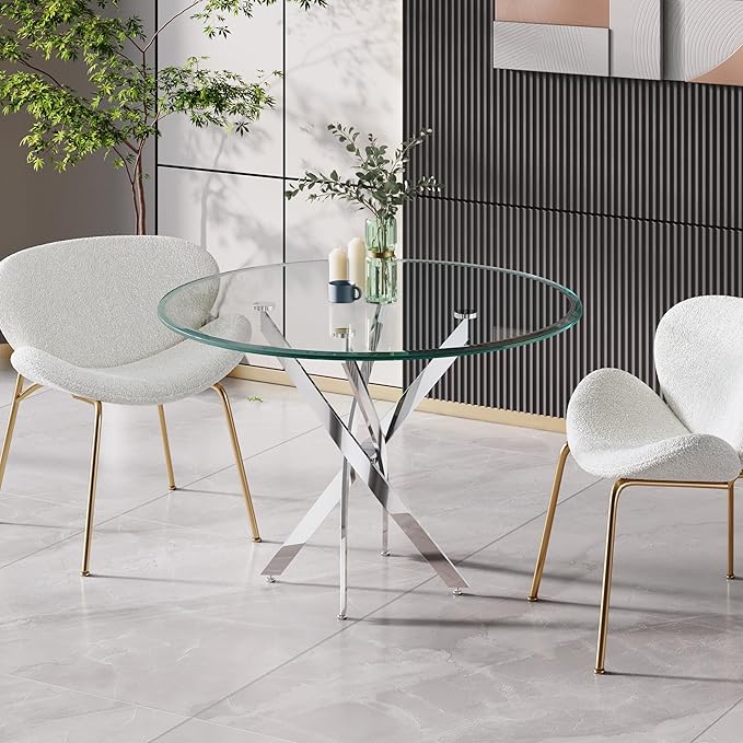 Glass Dining Table,36'' Round Dining Kitchen Table,Modern X-Design Dining Room Table with Silver Stainless Steel Base for Dining Room