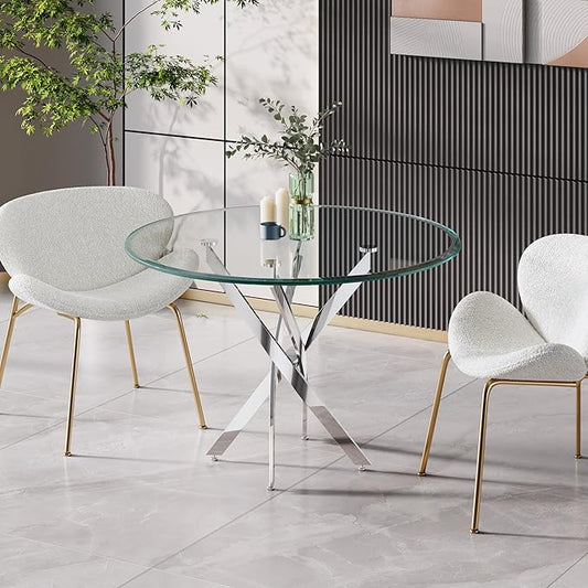 Glass Dining Table,36'' Round Dining Kitchen Table,Modern X-Design Dining Room Table with Silver Stainless Steel Base for Dining Room