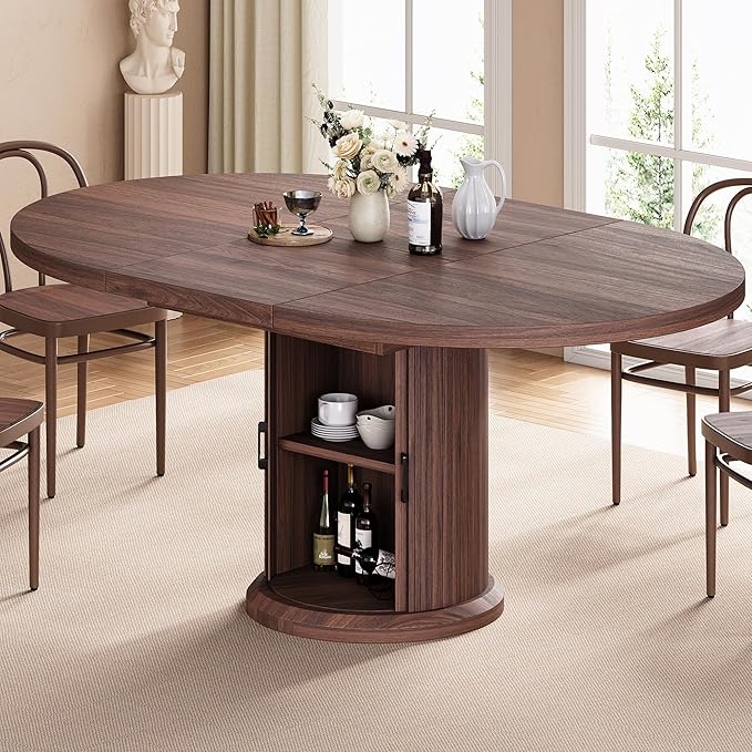 Jocoevol 47″–63″ Extendable Round Dining Table for 4–8 with Dust-Proof 2-Tier Storage Shelf Space Saving Expandable Wood Oval Circle Dinner Furniture with Pedestal Base (Black)