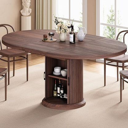 Jocoevol 47″–63″ Extendable Round Dining Table for 4–8 with Dust-Proof 2-Tier Storage Shelf Space Saving Expandable Wood Oval Circle Dinner Furniture with Pedestal Base (Black)