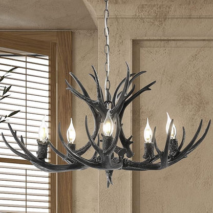 JONATHAN Y 30" Black Rustic Resin Antler 5-Light LED Chandelier, Farmhouse Faux Deer Horn Hanging Ceiling Light for Dining Room, Kitchen Island, Adjustable Light Fixture (JYL6300C)