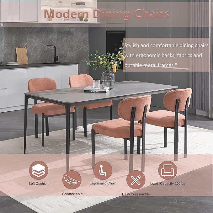 Set of 6 Modern Boucle Dining Chairs, Mid-Century Upholstered Chairs with Black Metal Legs, Ideal for Dining Room, Kitchen Island, Living Room, Bedroom, Home Office, Orange