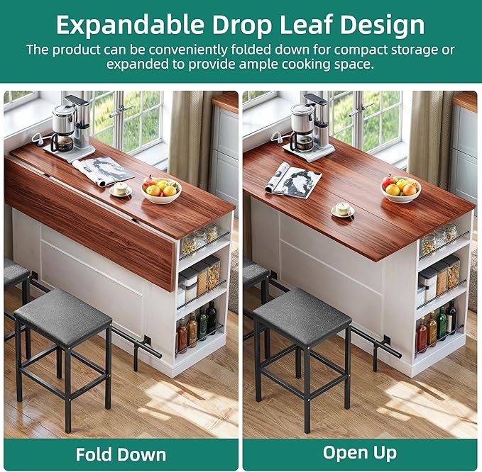 YITAHOME Kitchen Island with Seating, 47 Inch Mobile Storage Island with Drop Leaf, Rolling Islands Table with Power Outlet & Spice Rack, 2 Upholstered Stools and Footrest, for Dining Room, Off White