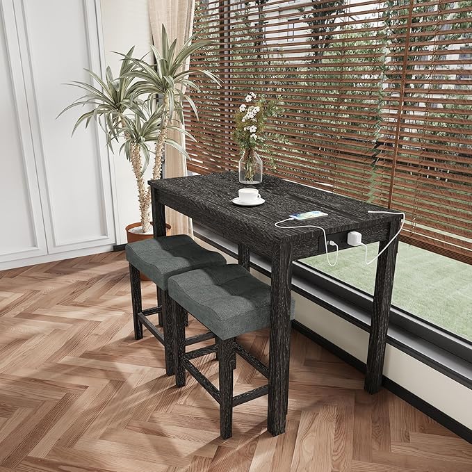 allamazing 3-Piece Counter Height Bar Table Set with Socket and 2 Fabric Padded Bar Stools, Tall Kitchen Breakfast Dining Table Set with Stools (1+2 Black)