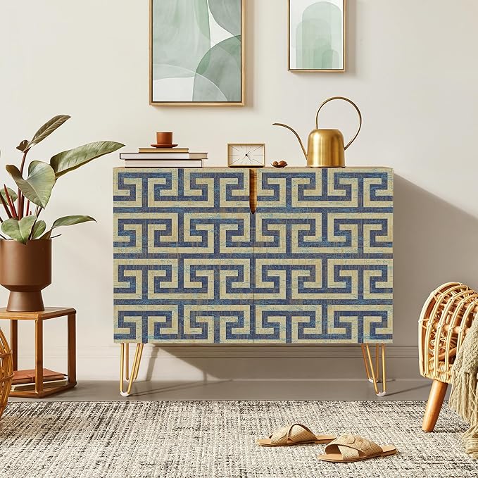 SIGNWIN Sideboard Buffet Cabinet, Kitchen Storage Cabinet with 2 Doors, Geometric Duotone Blue Line Patterns, Cupboard Console Table for Dining Room - 35" L x 18" W x 29" H
