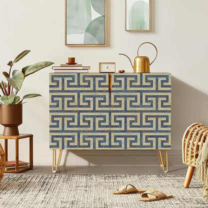 SIGNWIN Sideboard Buffet Cabinet, Kitchen Storage Cabinet with 2 Doors, Geometric Duotone Blue Line Patterns, Cupboard Console Table for Dining Room - 35" L x 18" W x 29" H