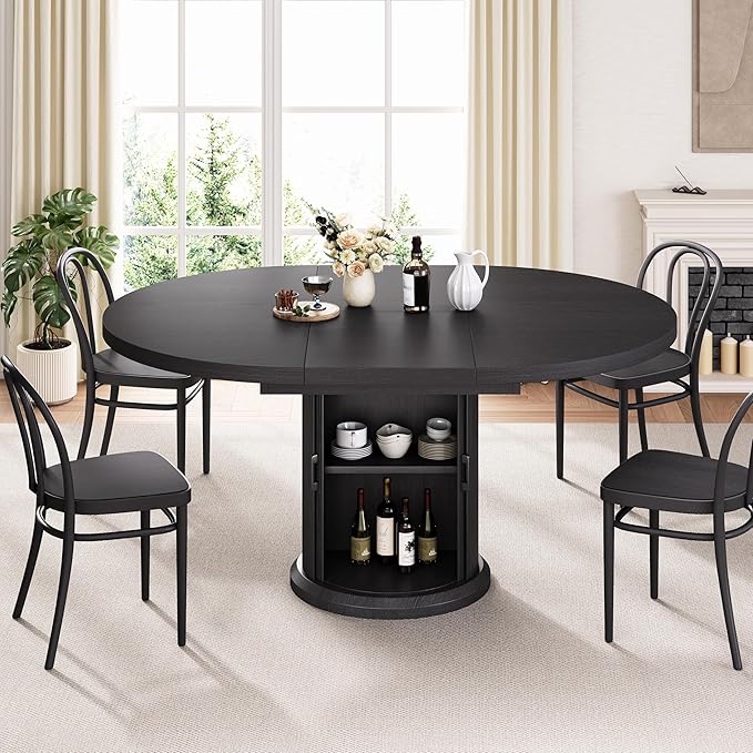 Jocoevol 47″–63″ Extendable Round Dining Table for 4–8 with Dust-Proof 2-Tier Storage Shelf Space Saving Expandable Wood Oval Circle Dinner Furniture with Pedestal Base (Black)