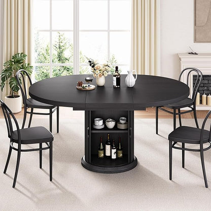 Jocoevol 47″–63″ Extendable Round Dining Table for 4–8 with Dust-Proof 2-Tier Storage Shelf Space Saving Expandable Wood Oval Circle Dinner Furniture with Pedestal Base (Black)