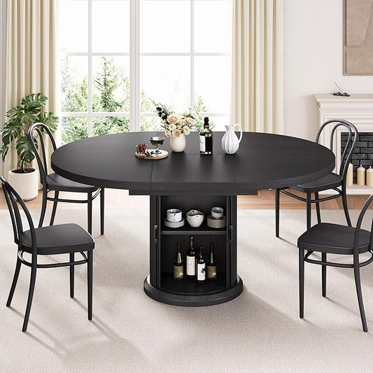Jocoevol 47″–63″ Extendable Round Dining Table for 4–8 with Dust-Proof 2-Tier Storage Shelf Space Saving Expandable Wood Oval Circle Dinner Furniture with Pedestal Base (Black)