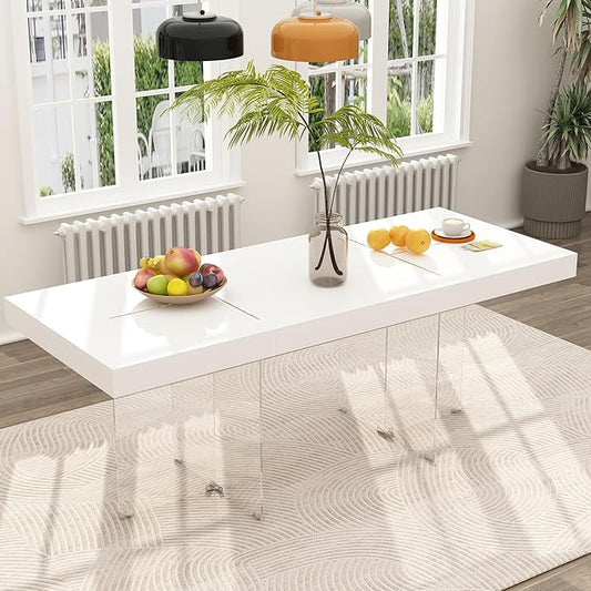 Hitow Kitchen Dining Room Table for 6-8, Modern Style Rectangular Dining Table with Glass Frame, Large Wood Dinner Table for Dining Room, Living Room & Office, White, 78.7" x 31.5"