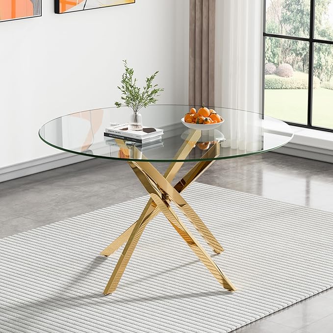 Modern Glass Dining Table Round Dining Room Table with Tempered Glass Top, Gold Metal Legs Circle Kitchen Dining Room Table for 4-6 People, 47" D x 47" W x 30" H