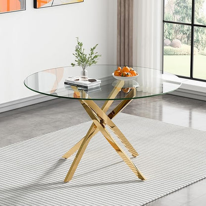 Modern Glass Dining Table Round Dining Room Table with Tempered Glass Top, Gold Metal Legs Circle Kitchen Dining Room Table for 4-6 People, 47" D x 47" W x 30" H