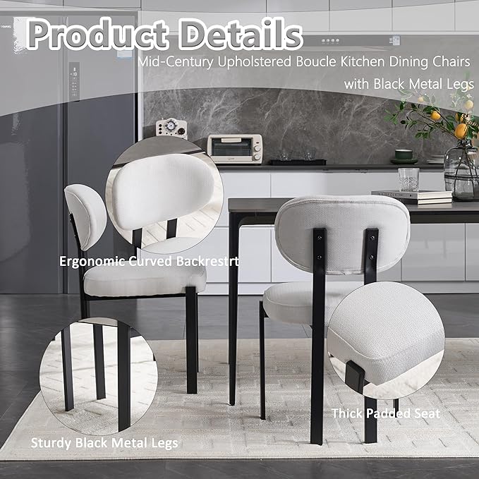 Set of 2 Modern Boucle Dining Chairs, Mid-Century Upholstered Chairs with Black Metal Legs, Ideal for Dining Room, Kitchen Island, Living Room, Bedroom, Home Office, Beige