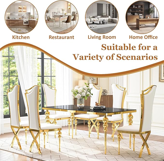 Glass Dining Table Set for 6, Luxurious 70 Inch Rectangular Kitchen Table with Black Tempered Glass Top, 6 White PU Leather Cushion Chairs for Dining Room, Restaurant, Living Room