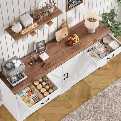 BOTLOG 71” Large Sideboard Buffet Cabinet with Storage, Farmhouse Kitchen Buffet Cabinet with Adjustable Shelves and 6 Barn Doors, Wood Coffee Wine Bar Console Table for Kitchen, Dining Room, White