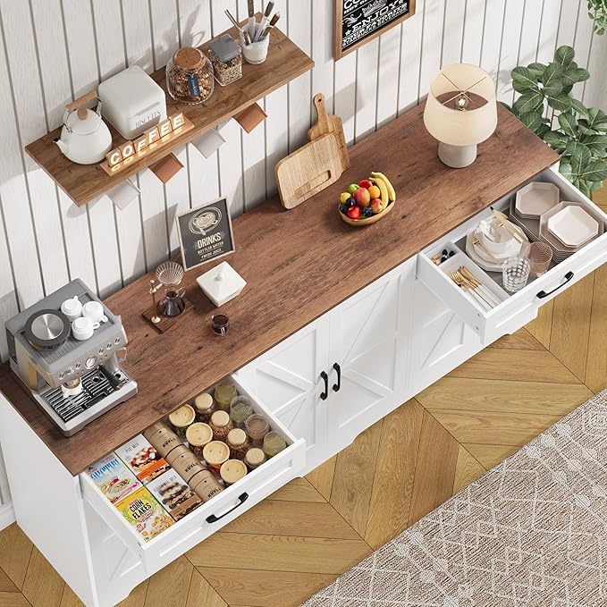 BOTLOG 2PCS Kitchen Cabinets, 71” Large Sideboard Buffet Cabinet with Storage, 72" Tall Pantry Cabinet with Microwave Stand, Wood Coffee Wine Bar Console Table for Kitchen, Dining Room, White