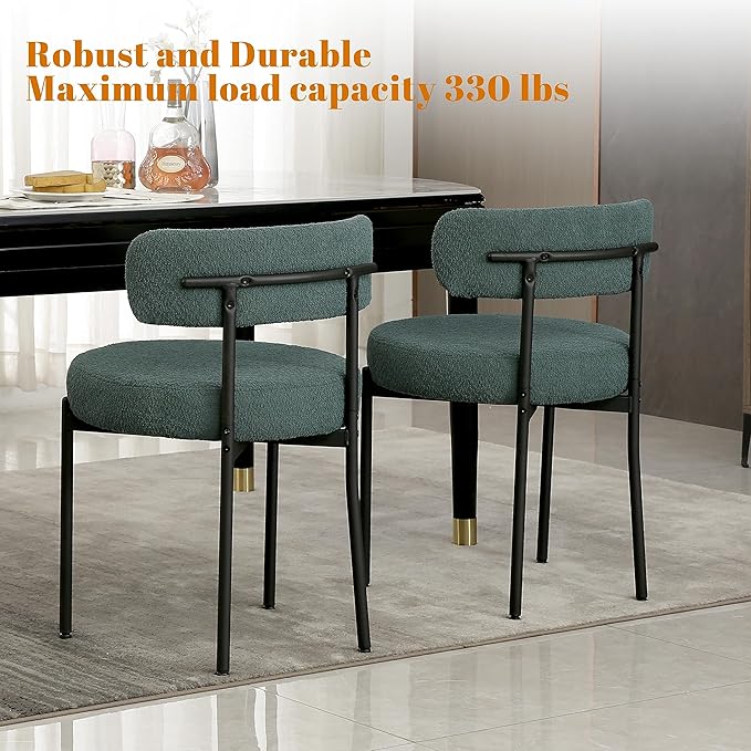 DYHOME Green Dining Chairs Set of 2, Mid-Century Modern Dining Chairs, Kitchen Dining Room Chairs, Curved Backrest Round Upholstered Boucle Sherpa Dining Chair with Black Metal Legs