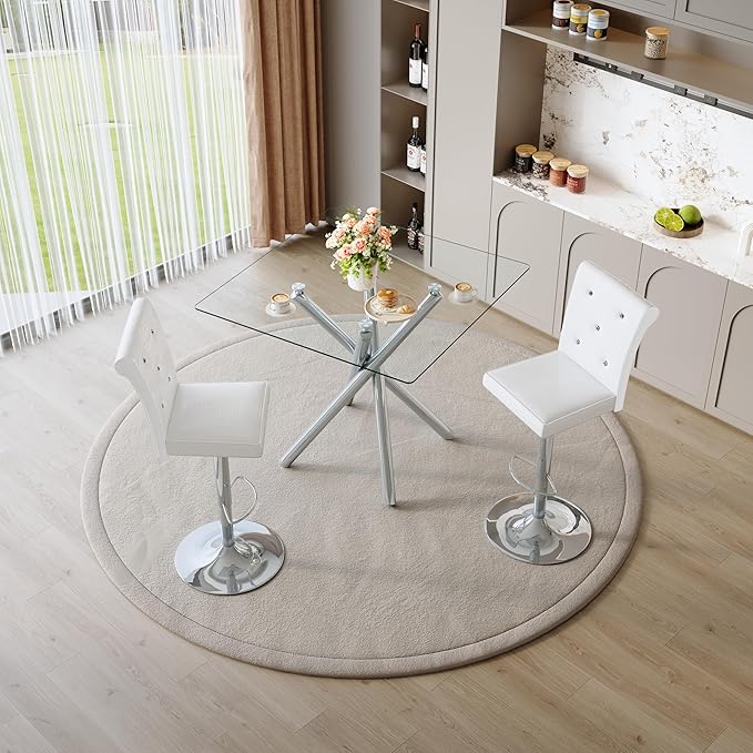 Glass Bar Table Set for 2, Transparent Table with 2 Adjustable Leather Chairs, 3 Piece Counter Height Pub Table Set for Kitchen Island, Home Bar, Small Space, Silver