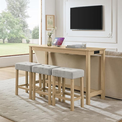 4-Piece Kitchen Island Counter-Table Set with Charging Station, Industrial 59" Dining Tables with 3 Stools, 59 Inch Farmhouse Bar Table Chairs w/USB & Type-C & Power Outlets,Light Oak