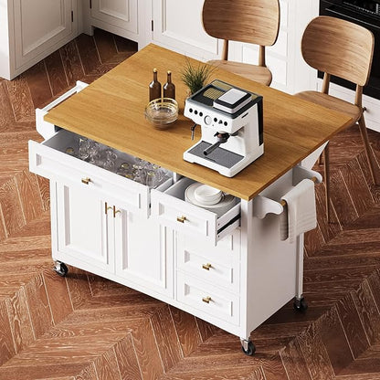 Kitchen Island with Drop Leaf, Embossed Texture Kitchen Island on Wheels with Spice Rack,Towel Rack, 2 Doors and 5 Drawers, Kitchen Storage Cart with Adjustable Shelf for Kitchen (White@093)
