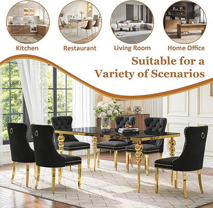 7 Piece Glass Dining Table Set, Modern 70 Inch Gold Rectangular Glass Kitchen Table, 6 Beige Exquisite Velvet Cushion Chairs for Living Room, Restaurant (Black-Top)