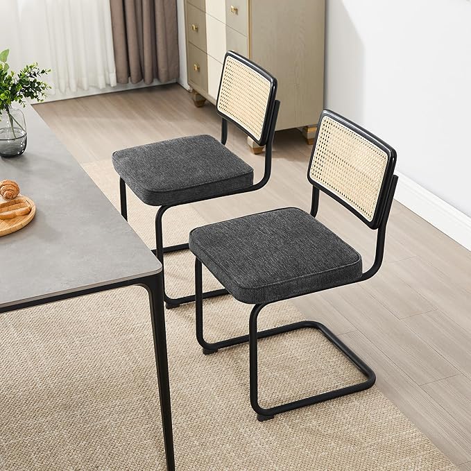 Zesthouse Rattan Dining Chairs Set of 6, Mid Century Modern Dining Room Chairs with Natural Cane Mesh & Black Matte Base, Dark Grey Cesca Chair, Linen Fabric Kitchen Chair with Solid Wood Frame Back