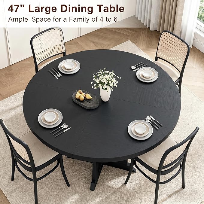 GarveeHome Round Dining Table for 4, 47 Inches Dining Room Table with Wooden Base, Kitchen Table with Circle Tabletop, Dinner Table for Dining Room, Kitchen, Living Room, Black