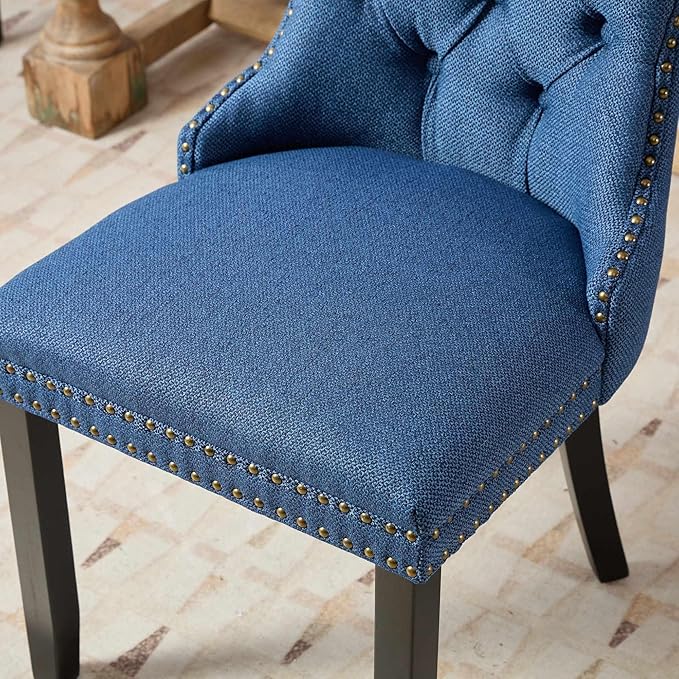 Ball & Cast Contemporary Upholstered Dining Chairs Set of 2, Flax Button Tufted Kitchen Side-Chairs with Hang Ring & Nailhead Trims & Wood Legs, 2-Piece Backrest Traditional Chair, Black+Blue