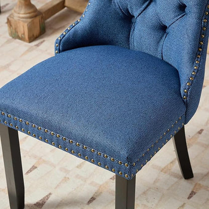 Ball & Cast Contemporary Upholstered Dining Chairs Set of 2, Flax Button Tufted Kitchen Side-Chairs with Hang Ring & Nailhead Trims & Wood Legs, 2-Piece Backrest Traditional Chair, Black+Blue