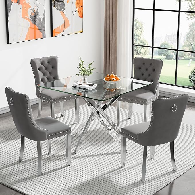 Glass Dining Table,36'' Square Dining Kitchen Table,Modern X-Design Dining Room Table with Silver Metal Base for Dining Room