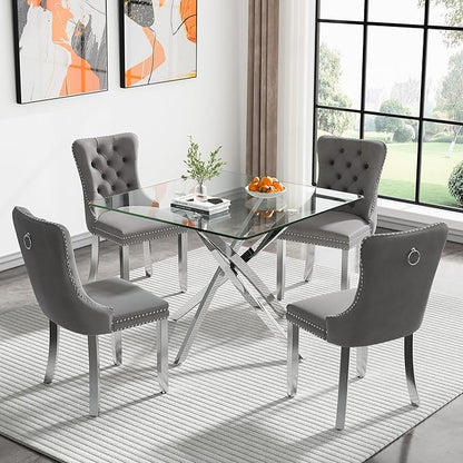 Glass Dining Table,36'' Square Dining Kitchen Table,Modern X-Design Dining Room Table with Silver Metal Base for Dining Room