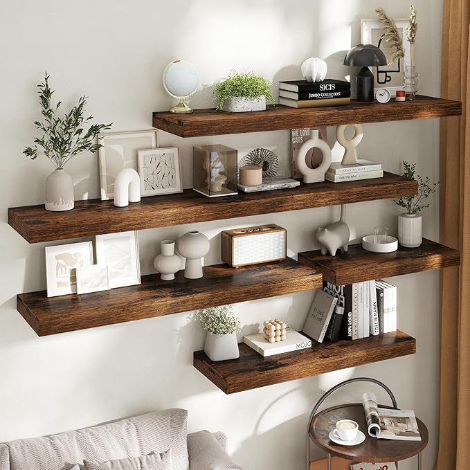 12" Deep Floating Shelves for Wall with Invisible Brackets, Wall Mounted Engineered Wood Shelves with Wood Grain for Living Room, Bedroom, Kitchen Decor and Storage, 36"L Set of 1, Rustic Brown