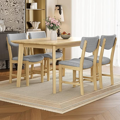 VilroCaz Rustic 5-Piece Dining Set, Solid Wood Rectangle Table with 4 Upholstered Chairs, Farmhouse-Style Dining Furniture for Kitchen & Dining Room, Minimalist Dining Set for 4 (Natural-1.21)