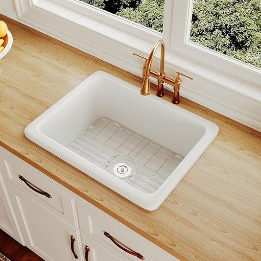 DeerValley Farmhouse Kitchen Sink 24 inch, White Fireclay Undermount Farm Sinks, Single Bowl Deep Drop-in Undermount Sink with Grid & Basket Strainer, Easy to Clean