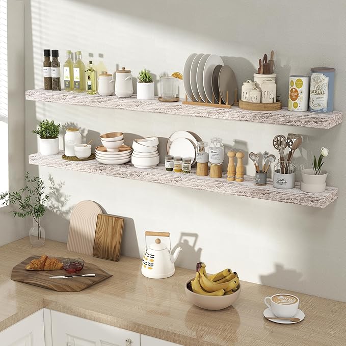 Acovy 55 Inch Floating Shelves for Wall 2 Pack, 55" Wall Shelves for Books, Storage, Decor, Wall Mounted Floating Shelf with Invisible Brackets for Kitchen, Living Room, Rustic