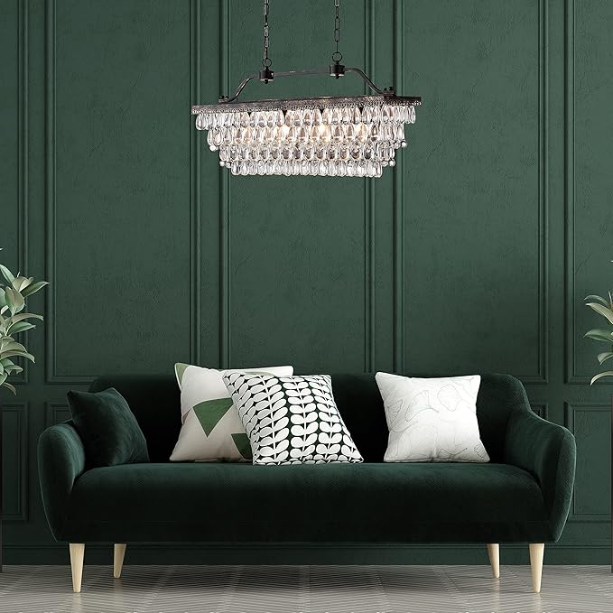 Edvivi Rectangular Linear Crystal Chandelier 30 in. W, 4 Lights Luxury Glam Adjustable Ceiling Lighting Fixture with 4 Rows of Teardrop Crystals for Living Dining Room Kitchen Island, Antique Bronze