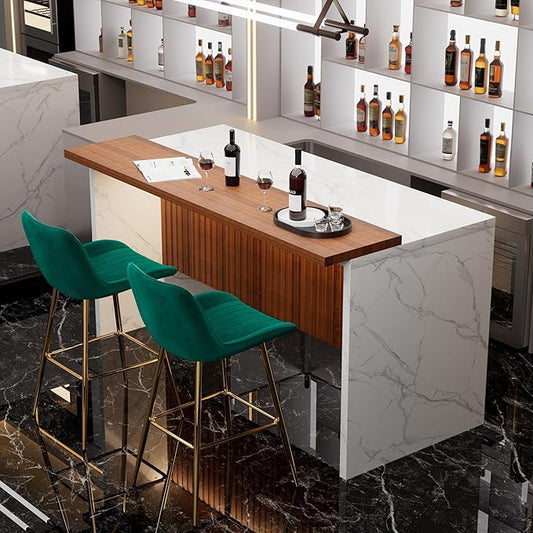 Modern Bar Table and Bar Stools Set, Marble-Look Counter Table with Wood Accent Top & Green Velvet Bar Chairs Set of 2 with Gold Legs, Kitchen Island Pub Table Set for Home Bar, Dining Room