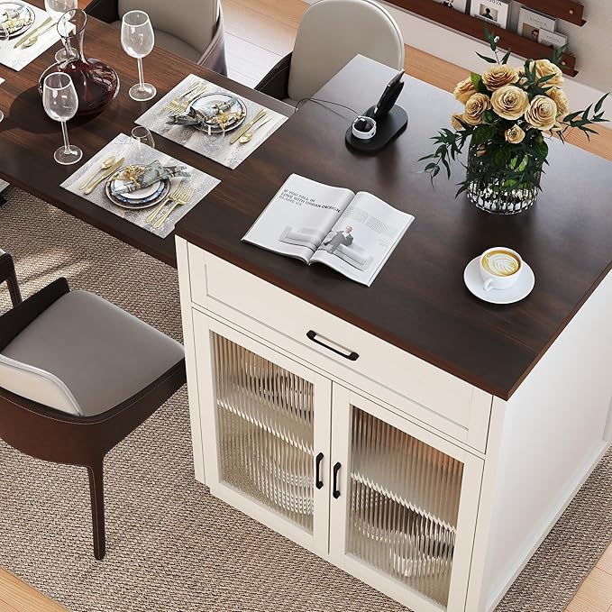 Kitchen Islands with Extendable Dining Table, 83.1" Mobile Kitchen Storage Islands, for 2-6 Person, with Tempered Glass Doors, Woodgrain Dining Table,Power Outlet,Bar, with Slide Out Table