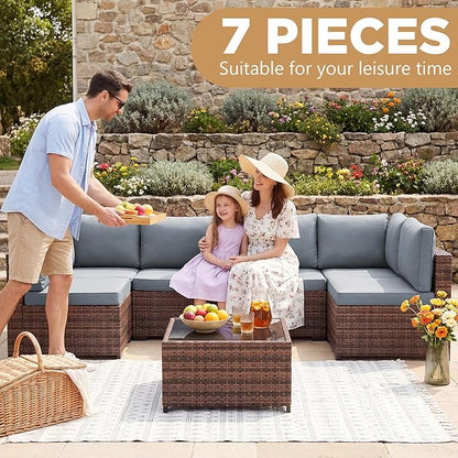 LHBcraft Patio Furniture Set,7 Pieces Outdoor Wicker Rattan Patio Furniture with Rain Cover, Wicker Rattan Outdoor Sectional Sofa Set with Coffee Table for Garden, Taupe-Blue