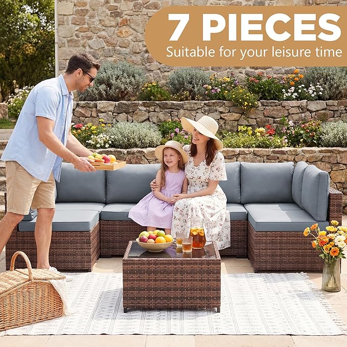 LHBcraft 7 Pieces Outdoor Wicker Rattan Patio Furniture with Rain Cover, Wicker Rattan Outdoor Sectional Sofa Set with Coffee Table & Blue Cushions for Garden, Poolside