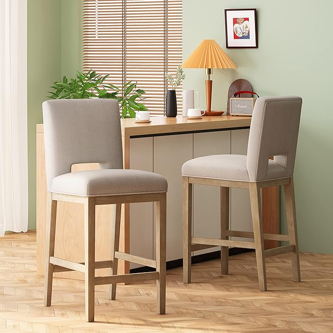 Gecheer 31 Inch Counter Stools Set of 2, Fabric Upholstered, Rubberwood Legs, L-Shaped Backrest, Modern Design for Kitchen Island or Bar for Indoor Living Rooms, Dining Rooms LYK-73531.00WHEAT