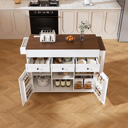 KEIKI 74.8" Kitchen Island with Extendable Dining Table, Rolling Cart with Power Outlet, 3 Drawers & Storage Cabinet on Wheels for Kitchen, Dining Room, White